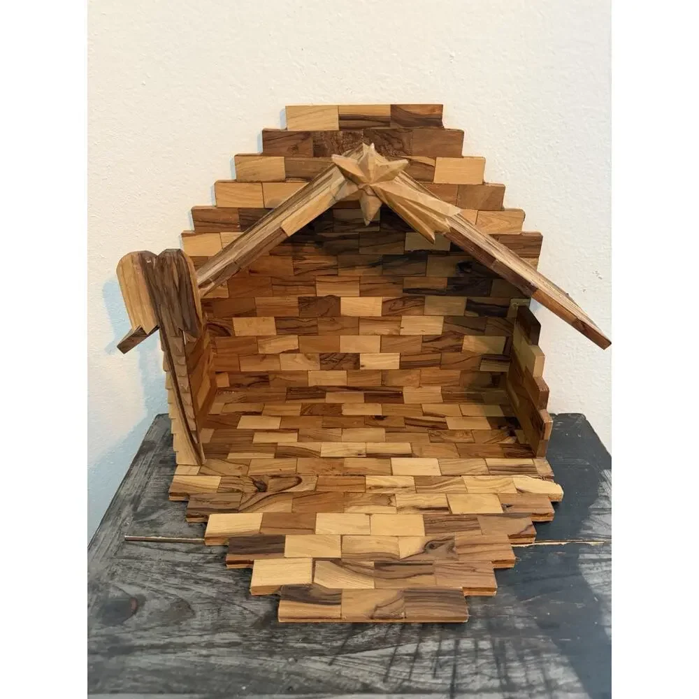 Hand Carved Olive Wood Nativity Set Bethlehem Holy Land 14 Pc Folding Stable